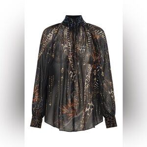Camilla “Lady Stardust” silk button up hi neck raglan embellished top blouse S